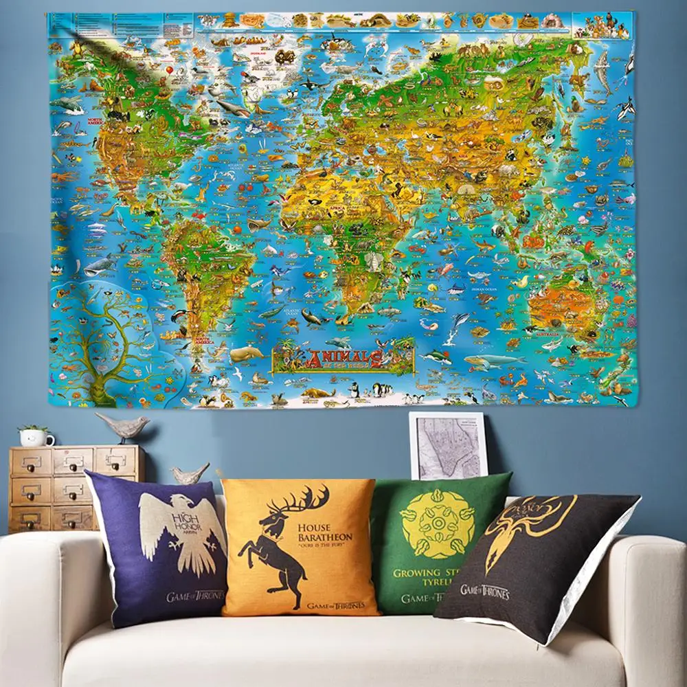 

Anime Animal World Map Psychedelic Tapestry Wall Hanging Hippie Boho Wall Tapestry Bohemian Mandala Beach Picnic Throw Rug Large