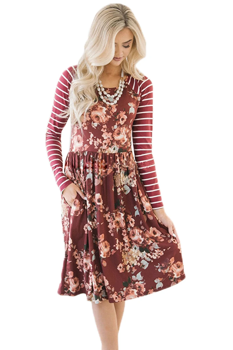 Burgundy-Floral-Stripe-Long-Sleeve-Side-Pocket-Boho-Dress-LC610339-3-1