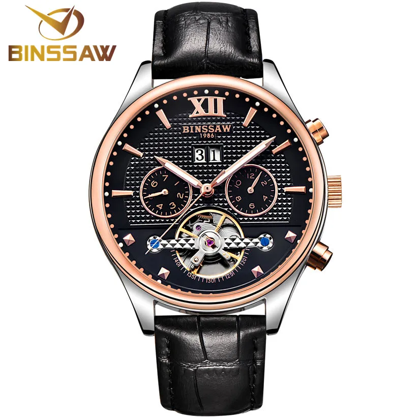 

BINSSAW Automatic Mechanical Wristwatch Mens Tourbillon Leather Watches Top Brand Luxury Male Business Clock relogio masculino