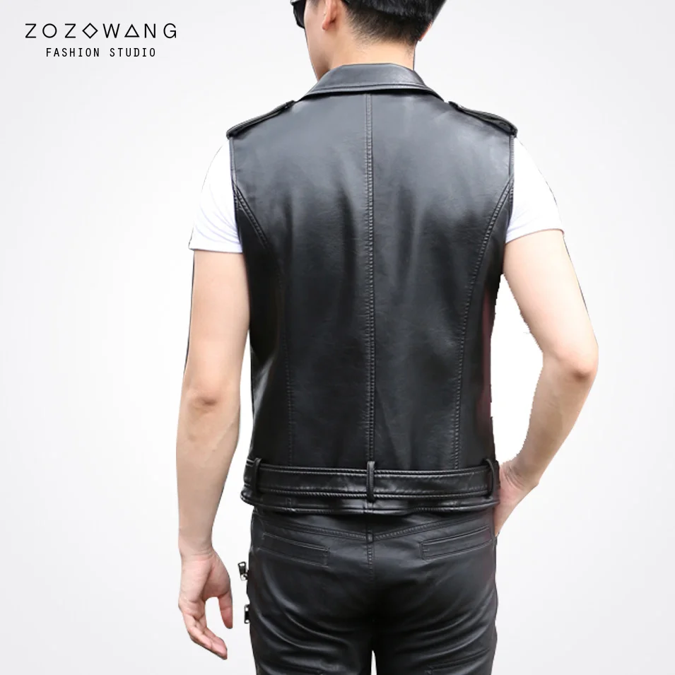 zozowang spring summer solid shore loose casual leather vest men turn down collar zipper belt sleeveless leather vest men