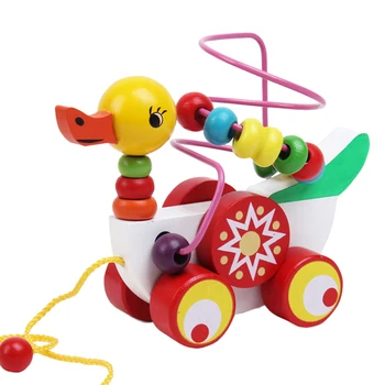 

Cute Duckling Shape Toy Trailer Car Mini Around Beads Maze Pulling Baby Learning Walk Toy Car Educational Beads Counting Toy