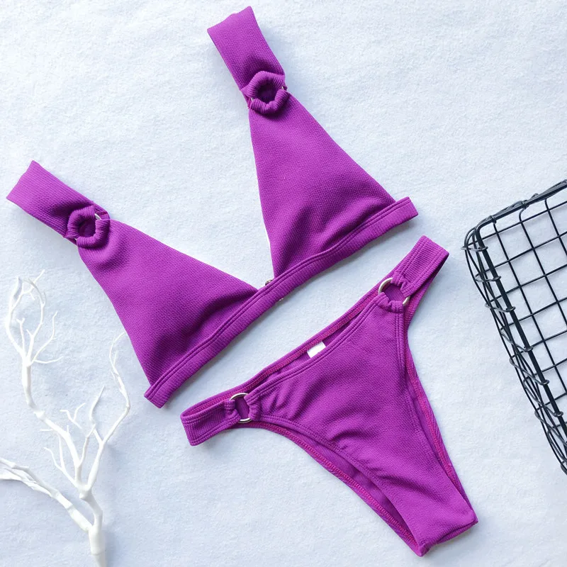 

Ring Bikini New Sexy Swimwear Women Push Up Swimsuit Solid Bathing Suit Women High Cut Purple Beachwear 2019 Women's Swimsuit