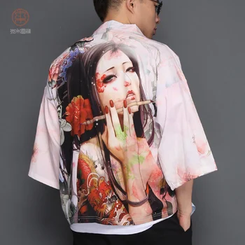 

Summer Men Kimono Cardigan Shirt 2020 Harajuku Street Thin Coat Outerwear Casual Loose 3/4 Sleeve Floral Prints Shirts Jacket