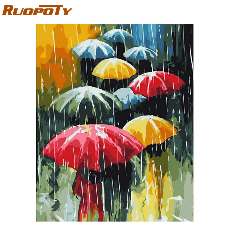 RUOPOTY Cuadro de paraguas para lluvia, pintura al óleo artesanal por número, paisaje pintado a mano, sobre lienzo, regalo único para decoración del hogar|Pintura por números| - AliExpress
