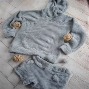 

Cute Girl Women Winter Warm Pajamas Sets MEOW Autumn Pullover Hoodies Soft Plush ball Flannel Cartoon Warm Pajama Shorts Plus XL