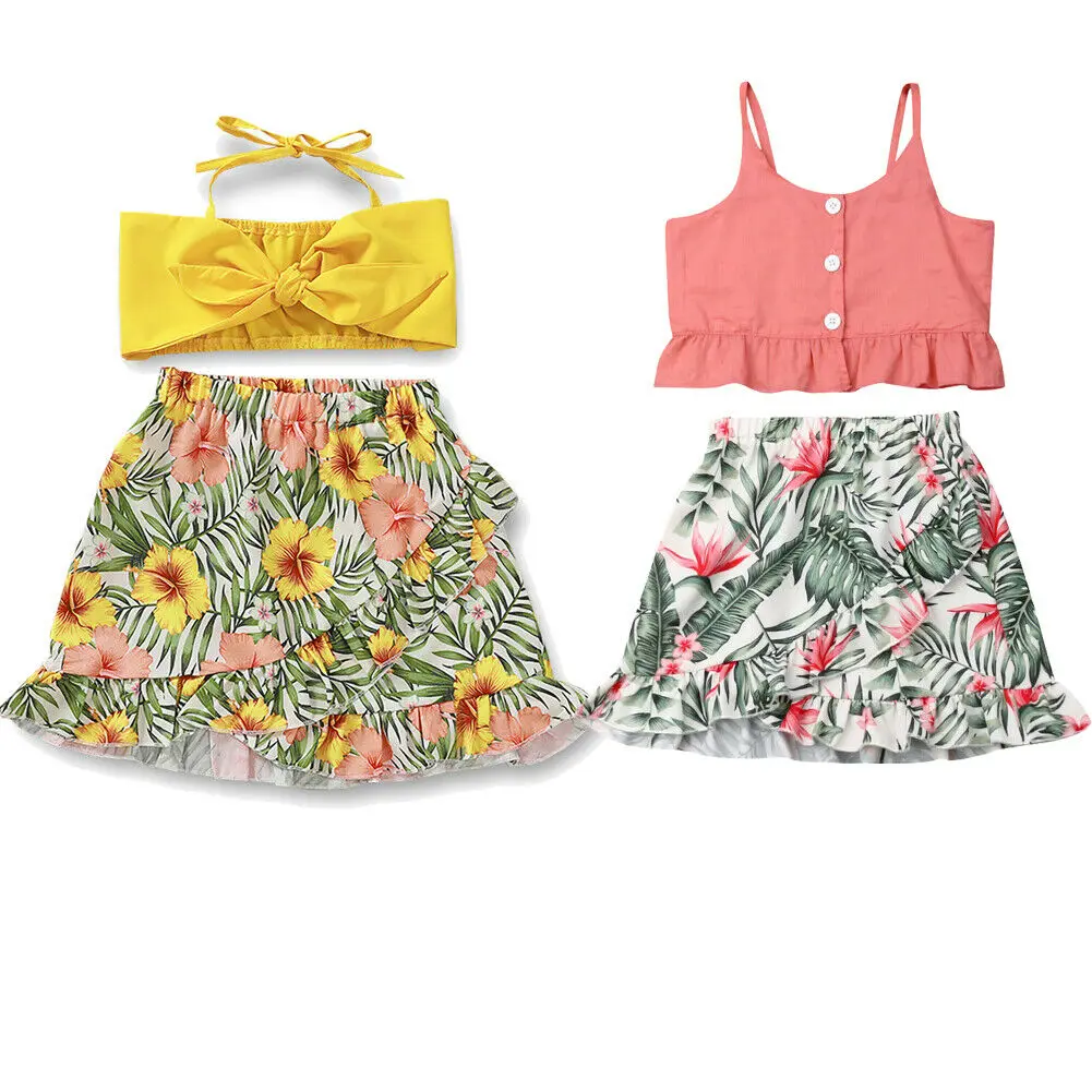 

Kids Baby Girls Summer Clothes Spaghetti Strap Bow Crop Tops Flower Printed Skirts 2Pcs Outfits Kids Girls Princess Clothing Set