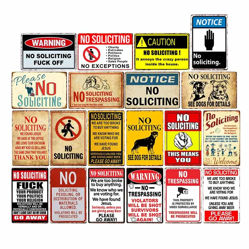 

No Soliciting Signs Metal Plaque Vintage Decoration Wall Art Painting Poster Bar Home Decor 20x30cm
