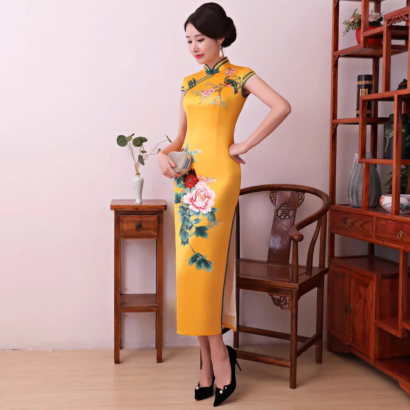 New Yellow Chinese Vintage Sexy Satin Cheongsam Women Print Slim Ankle Length Dress Lady Novelty