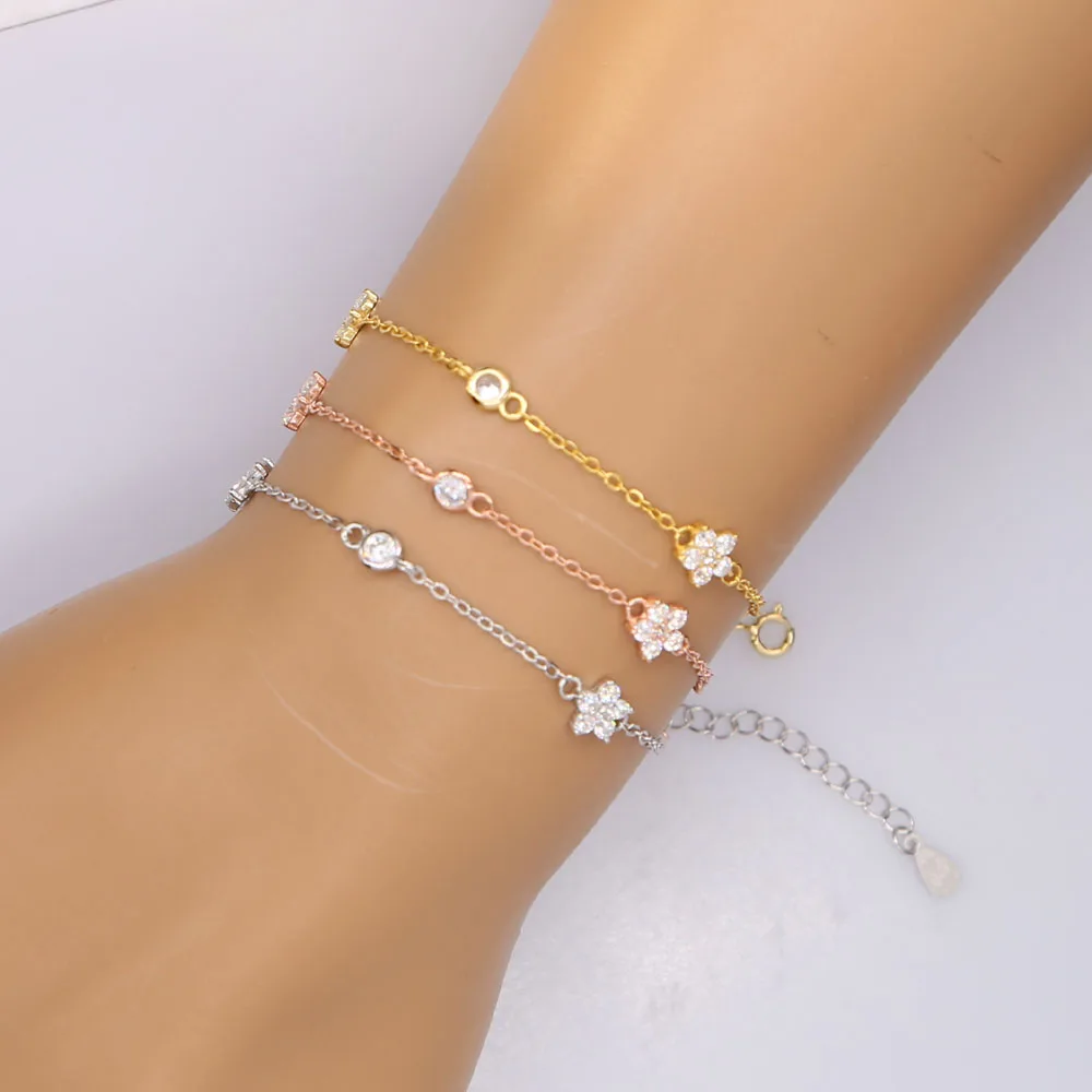 2018 spring new deisng 16+5cm extend chain 925 sterling silver mix three color dainty daisy flower cz link chain dainty bracelet (7)