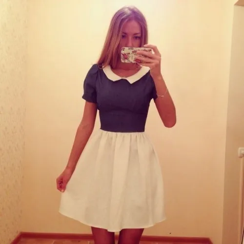 2014 new fashion Peter pan collar elegent dress chiffon patchwork mini | Женская одежда