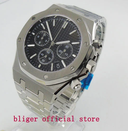 

Luxury Full Steel 43mm Black Big Dial Stainless Steel Quartz movement mens Watch Multifuntion