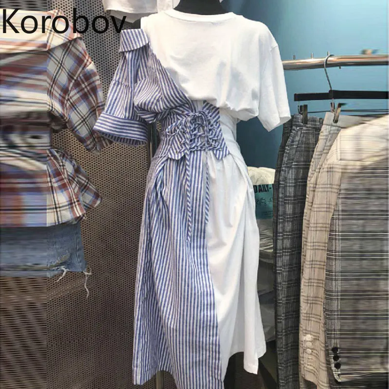 

Korobov Korean O Neck Off Shoulder Irregular A Line Dress Striped Patchwork Lacing Dresses Hit Color Long Shirt Vestidos 77917