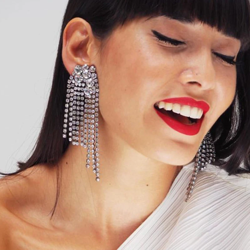 

Best lady Maxi Irregular Tassel Drop Dangle Charm Statement Long Earring For Women Hot Sale Rhinestone Wedding Jewelry Wholesale