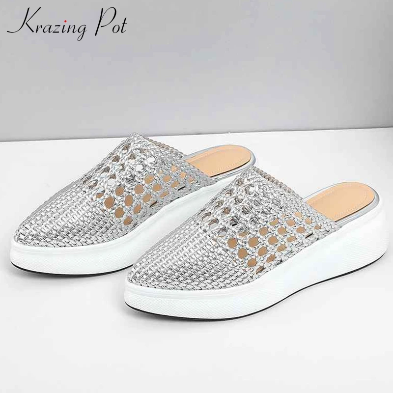 

Krazing pot 2019 straw weaving natural leather pointed toe slip on casual high heels platform ventilation vulcanized shoes L08