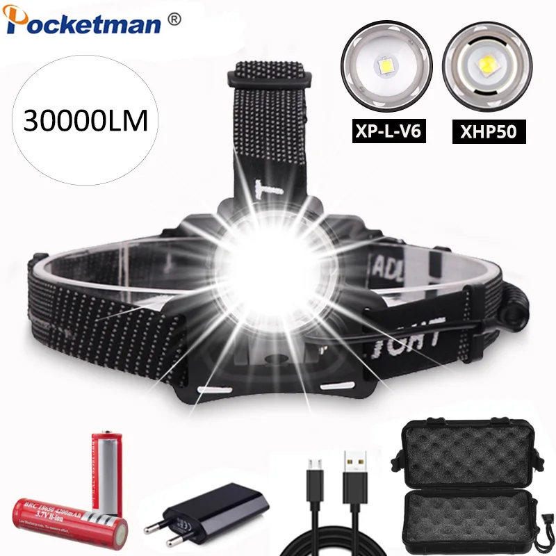 

XHP50/ XP-L-V6 LED Headlamp 30000LM Powerful Headlight Zoomable Headlight Adjustable Headlamp Bright Head Torch for Camping