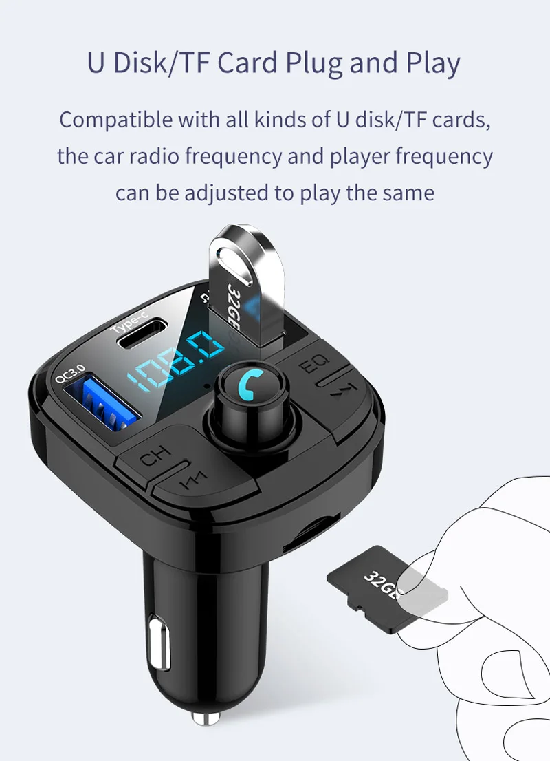 Tikigogo QC3.0 Quick Charge type-C 3 USB Автомобильное зарядное устройство Handsfree Bluetooth автомобильный комплект Google Assistant fm-передатчик автомобильный mp3-плеер