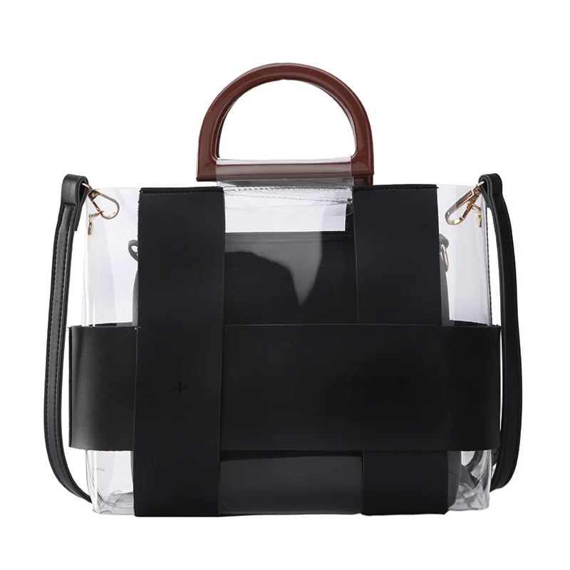 

Transparent Female Bag 2019 New Basket Handbag Seaside Jelly Beach Bag Women PVC Clear Shoulder Bags Two Pieces Composite Tote