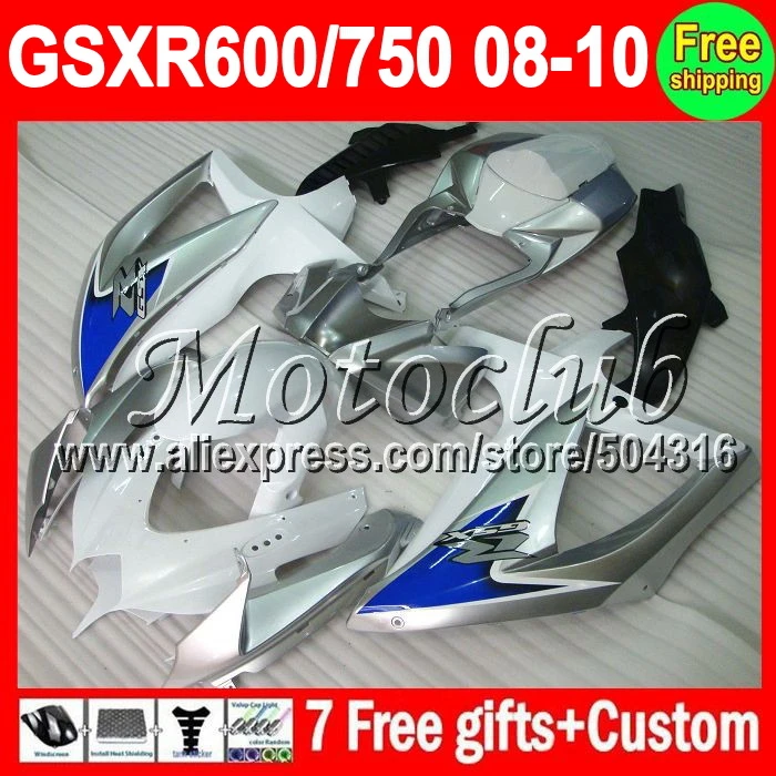

7giftsFor K8 08 09 10 SUZUKI HOT  GSXR750 GSXR 600 750 Factory white Kit MC4A59 GSXR600 silver blue 2008 2009 2010 R750 Fairing