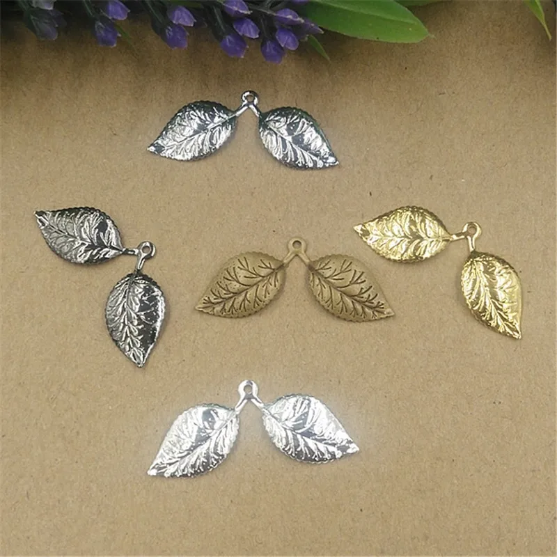 

50pcs/lot 13x32mm Silver/Gold Color Vintage Double Leaf Pendant Charms European jewelry Findings for DIY Necklace Bracelet