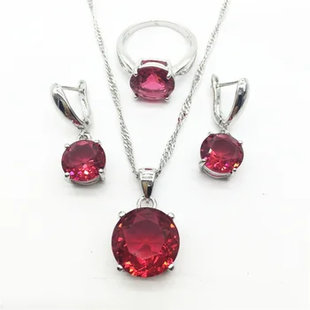 شراء925 فضة ستون مجوهرات الأزياء روز مكعب الزركون كريستال قلادة قلادة أقراط وخاتم مجموعة للنساء
