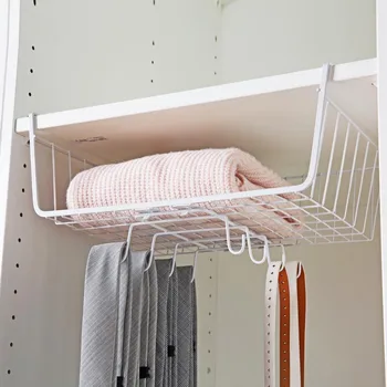 

Iron Kitchen Storage Basket With 8 Hooks Hanging Cabinet Storage Rack Cupboard Storage Shelf Household Organizer Rack