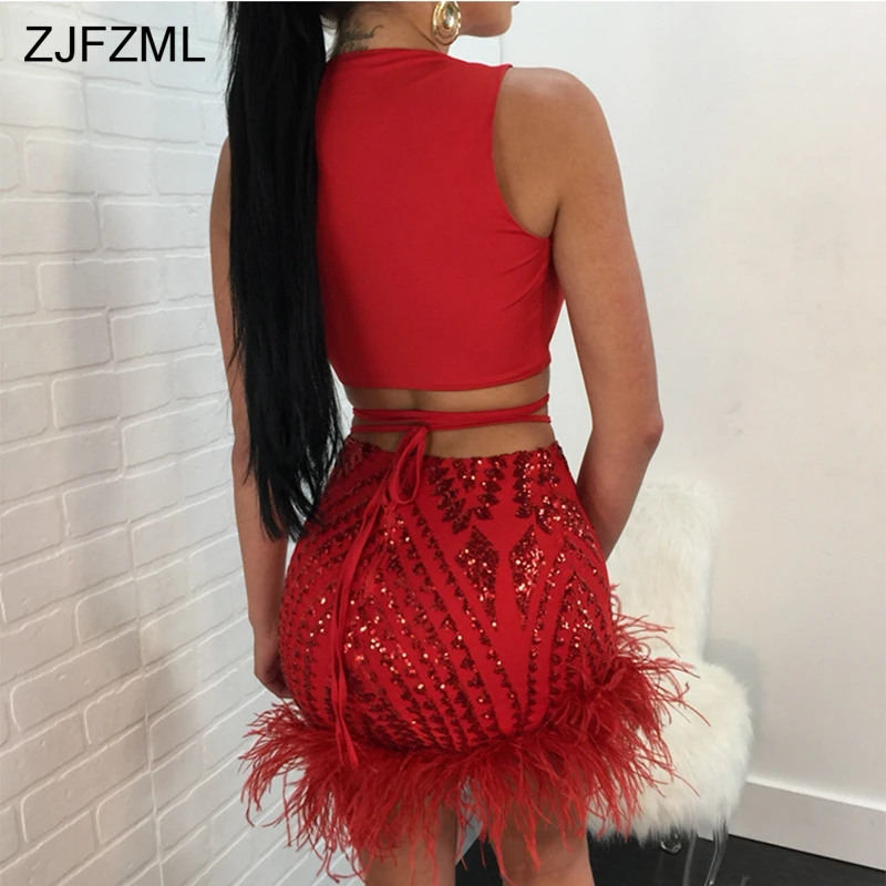 ZJFZML сексуальное платье из двух частей с перьями, женские красные блестящие вечерние платья с блестками, Черное мини-платье с глубоким v-образным вырезом без рукавов на шнуровке