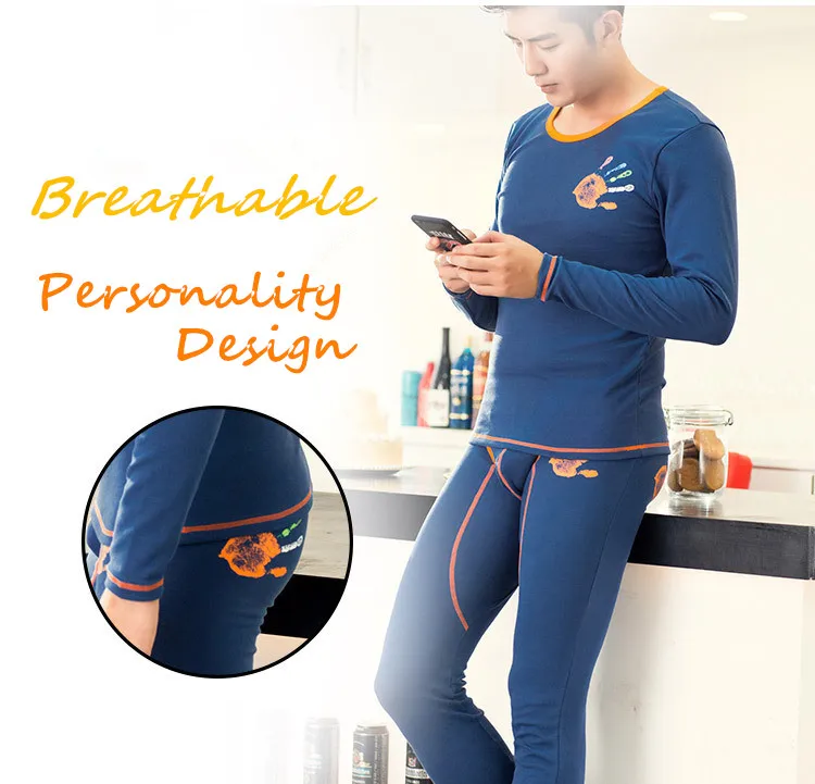 

Men's Low Waist Full Plaid Cotton Combed Thermal Sets Handprint Printing First Grade Long Johns(for A Set)