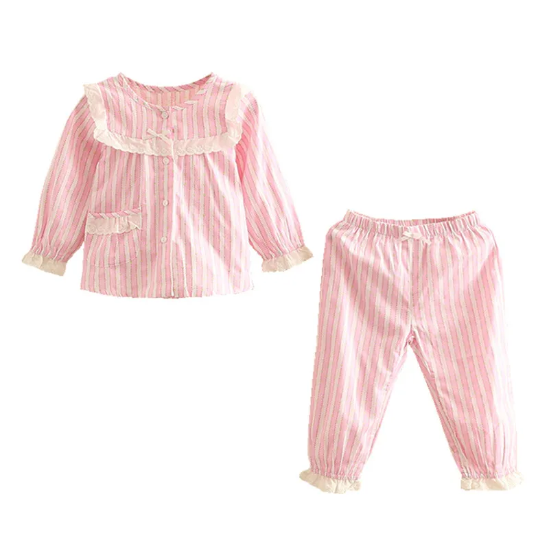 Mudkingdom/пижамы для девочек, хлопковые комплекты, Детские Полосатые кружевные топы с оборками, штаны с эластичной резинкой на талии, домашняя одежда, одежда для сна