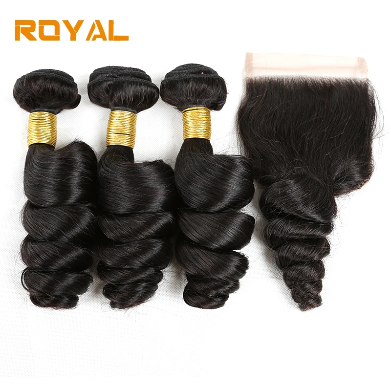 Малайзии человеческих волос пучки с закрытием натуральный темно-свободная волна 3 расслоения с 4x4 закрытие Королевский не Волосы remy