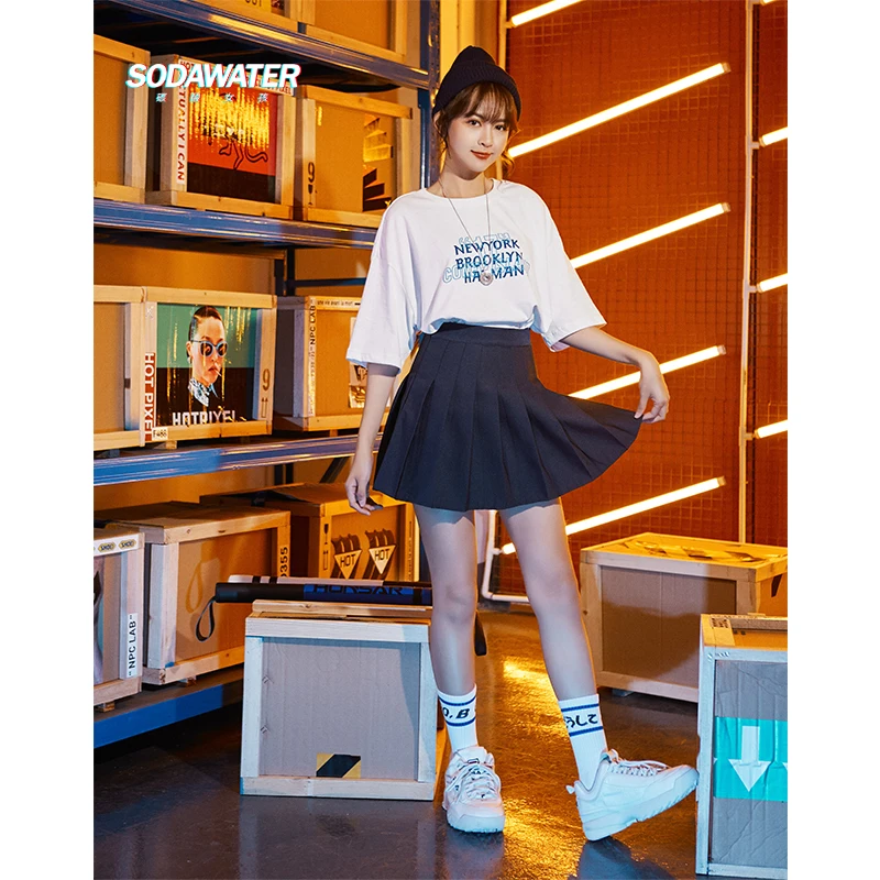 SODAWATER/Летняя модная однотонная плиссированная короткая юбка трапециевидной формы для девочек, мини-юбка для школы, уличная нейлоновая юбка для женщин 9421SG