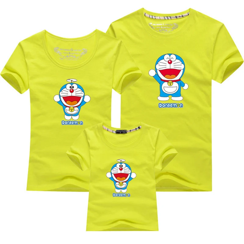 Doraemon/Новая летняя детская одежда для мальчиков и девочек Свободная Женская футболка с короткими рукавами одинаковые комплекты для отдыха для детей - Цвет: Lemon yellow