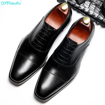 

QYFCIOUFU New High Quality Genuine Leather Men Shoes Lace-Up Luxury Italian Business Dress Men Oxfords Shoes Male Formal Shoes