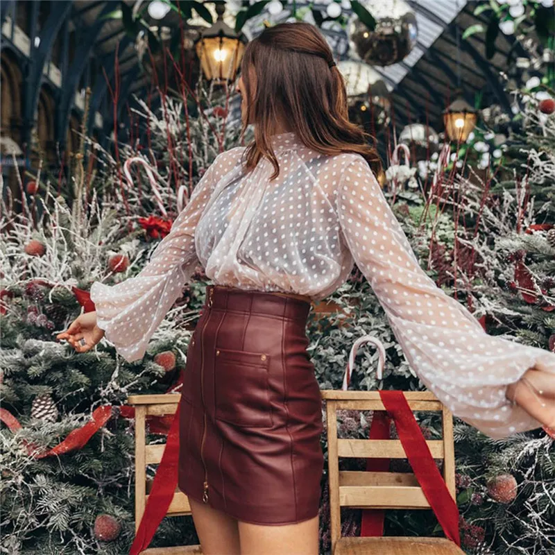 Новая модная женская прозрачная сетчатая Укороченная рубашка с пышными рукавами