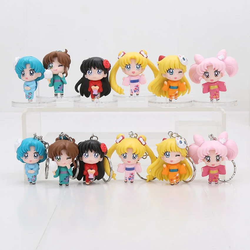 

6pcs/set 4-5cm Anime Sailor Moon kimono Chibimoon Mars Jupiter Venus Mercury Q Version PVC Action Figure Keychain Toys
