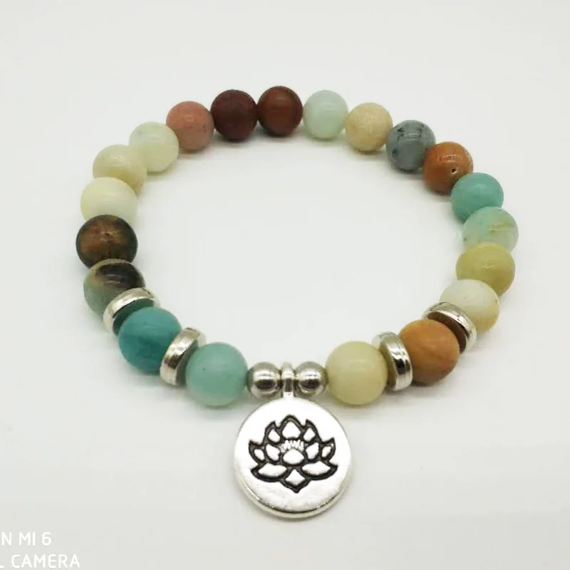 

YUZHEJIE Namaste Wrist Mala Lotus Bracelet Natural Amazonite Meditation Healing Bracelet Mala Bracelet for Birthday Gift