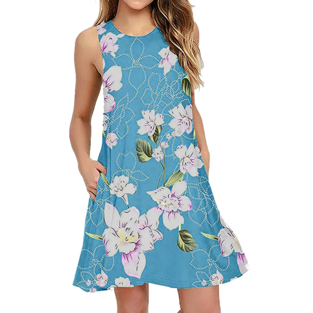 

Dress Women Plus Size 5XL Beach boho Mini Dress Summer Casual Sleeveless Printed Swing Mini Dresses Sundress with Pocket 7.35L3