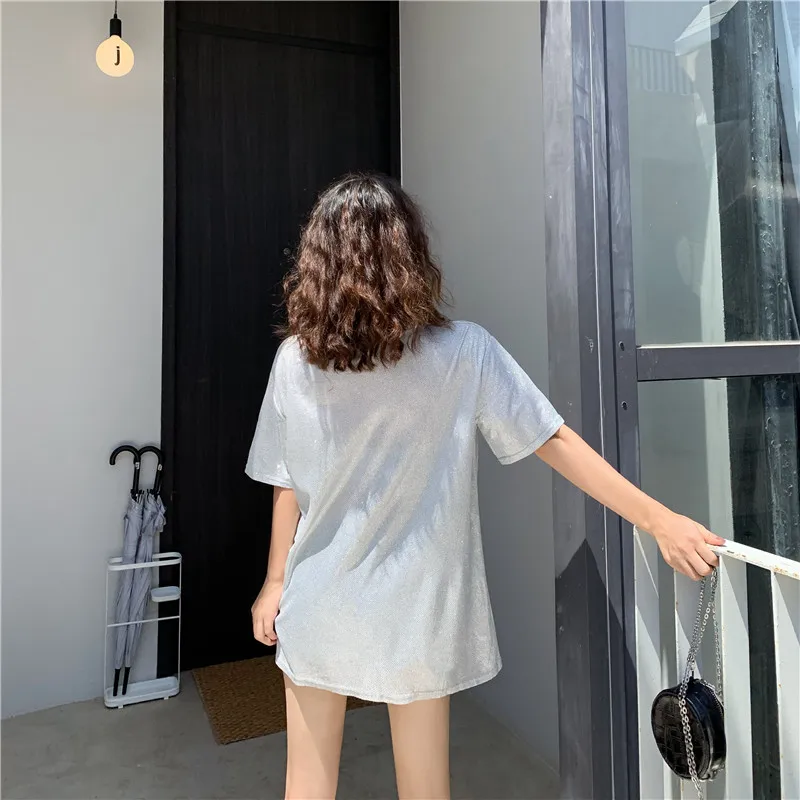 Milinsus, летняя Новинка, свободная, простая, блестящая, голографическая, средней длины, серебряная, блестящая футболка для женщин, Camisas Mujer, корейская мода