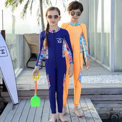 Цельный костюм для маленьких мальчиков и девочек с молнией спереди и защитой от солнца, 50 + длинные рукава, купальный костюм, гидрокостюм из