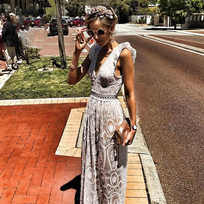 

2019 Fashion Women Lace Sexy Dress Backless High Waist Summer Dress V Neck Hollow Out Maxi Dress