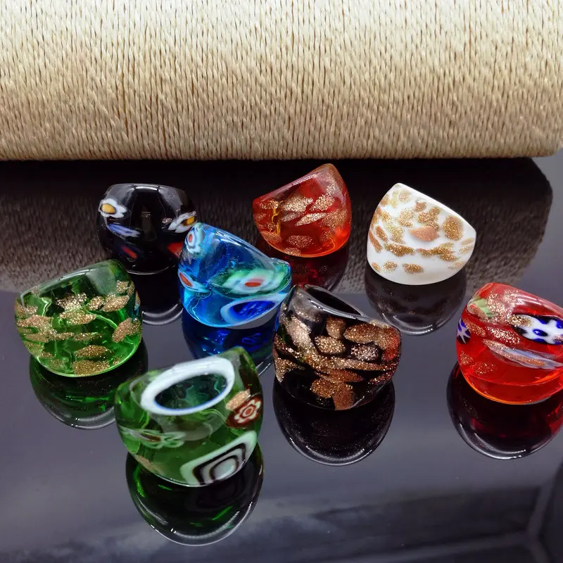 

Wholesale 16Pcs Mix Color Lampwork Glass Murano Rings 17-19mm Band Ring Random mixed model