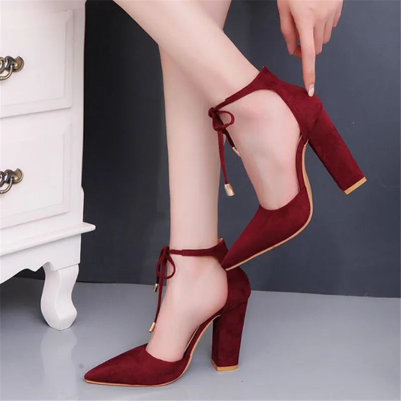 

2018 High Heels Women's Sandals Spring Autumn Flock Shoes Woman Ladies Pumps Sexy Thin Air Heels Footwear Women Shoes Lace Up