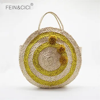

Beach bag round straw totes bag large big summer straw bags tassels pom pom women natural handbag 2018 yellow striped circular