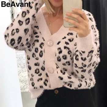

BeAvant Leopard print women mohair cardigan Vintage button female knitted sweater cardigan Long sleeve autumn winter pink coats