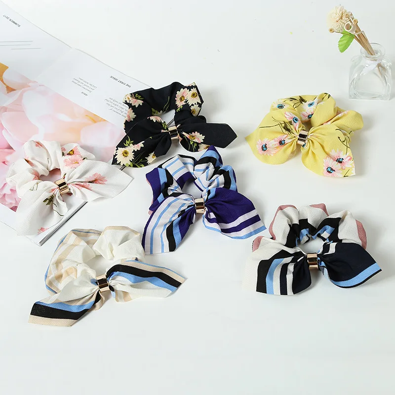 

6 pcs/lot Mix Colors Florals Stripes Hair Elastic Scrunchies Ponytail Holder Hair Tie Classical Elastics Hair Bands for Girls