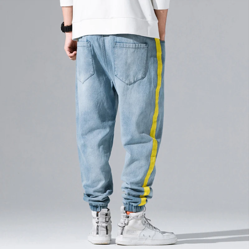 Autumn Winter Fashion Men Jeans Yellow Stripe Spliced Cargo Pants Letter Print Streetwear Hip Hop Tapered 2