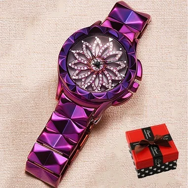 Модные женские часы с цветком и бриллиантами, розовое золото, стальной браслет, стразы, кварцевые женские часы, креативные часы - Цвет: purple box