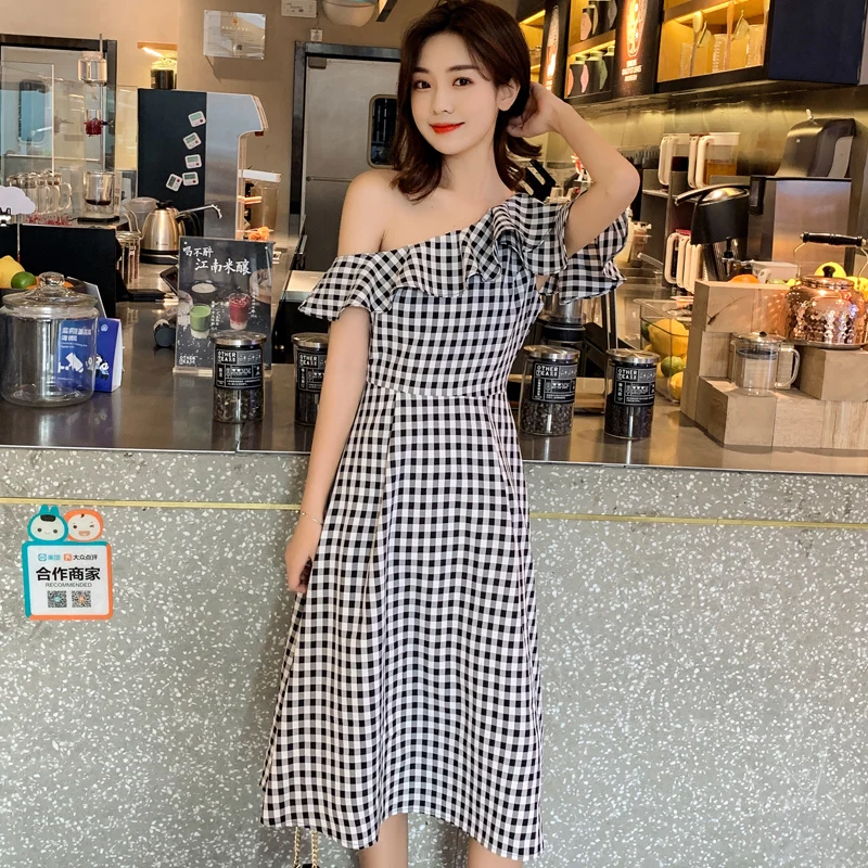 JIBAIYI Black Plaid One Shoulder Elegant Dresses Vintage Ruffle Slash Neck Women Summer Dress High Waist Bodycon Sexy Sundress | Женская