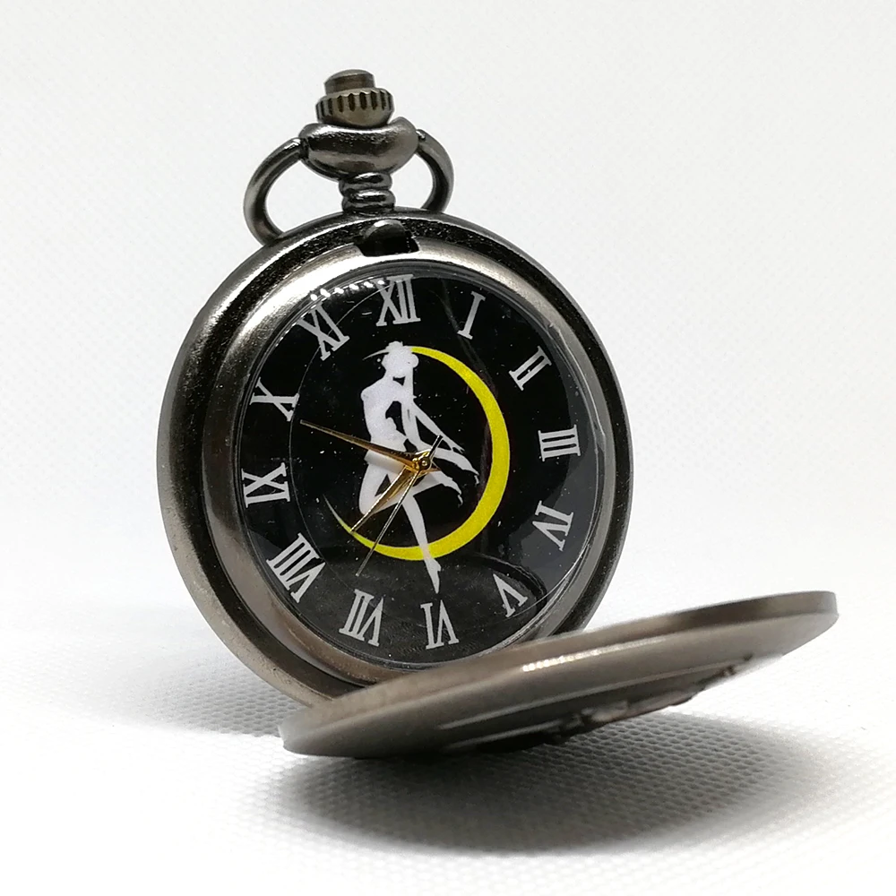 Винтажные Сейлор Мун мультфильмы в стиле аниме, черный циферблат, кварцевые карманные часы, аналоговое ожерелье с подвеской для девушек, женщин, Fob часы, подарок Reloj - Цвет: Gery Black Dial