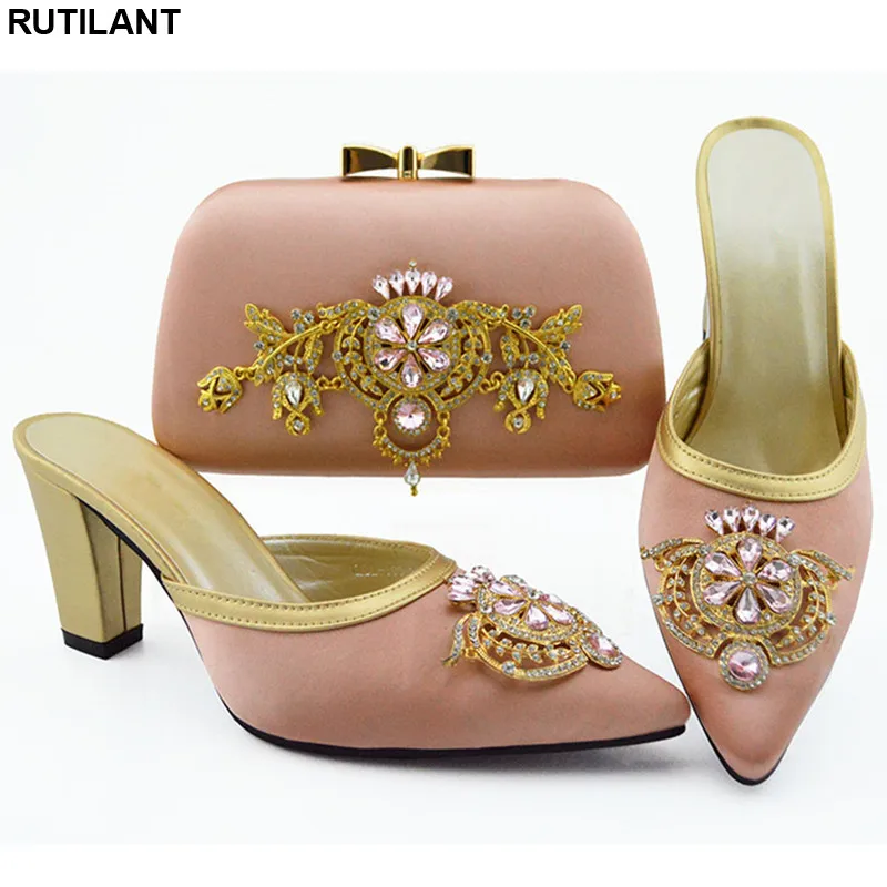 

Women Shoes and Bags To Match Set Sale African Women Wedding Shoes and Bag Set with Rhinestone Plus Size Shoes Women Heel PU