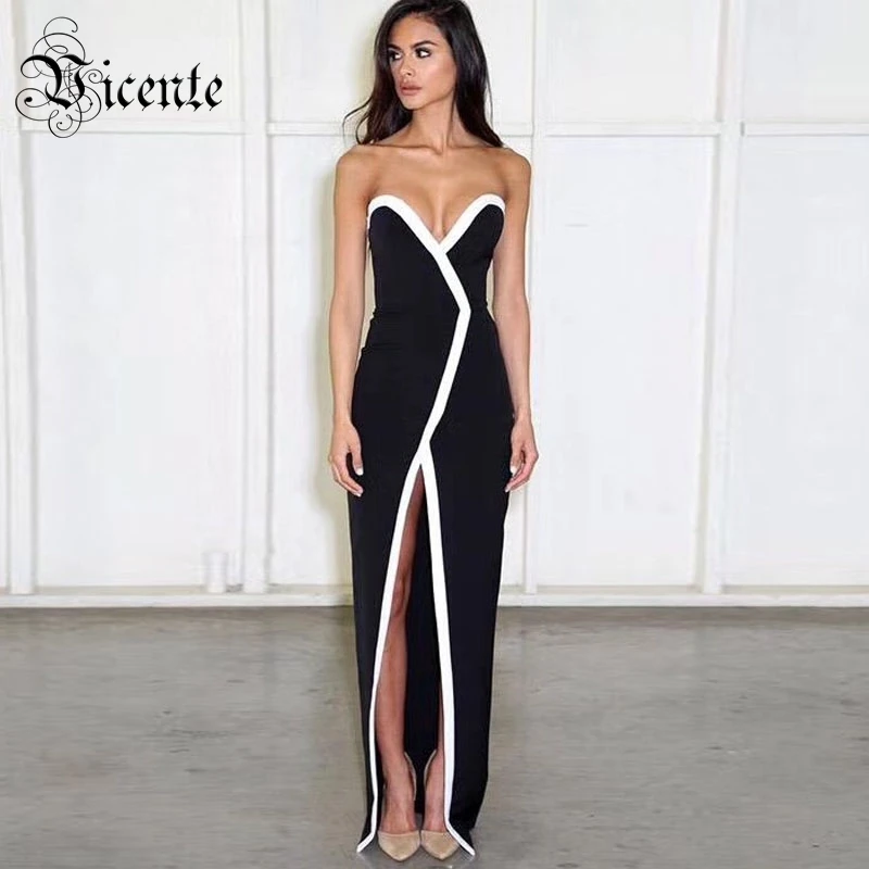 

Vicente HOT 2019 New Fashion Elegant White Striped Edge Patchwork Sexy Vneck High Split Wholesale Celebrity Maxi Long Dress